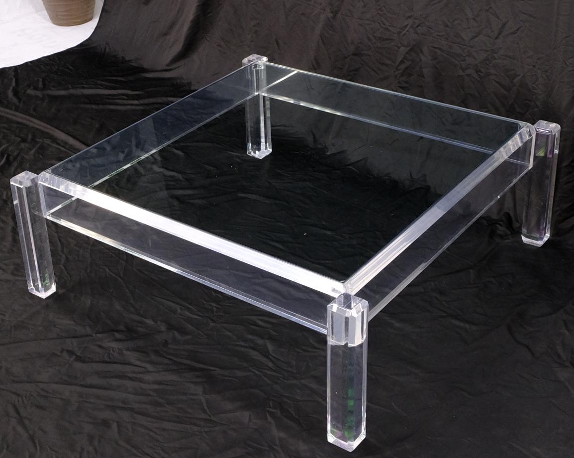 EstablishedLines Mid Century Modern Thick Polished Lucite Base Glass Top Square Coffee Table