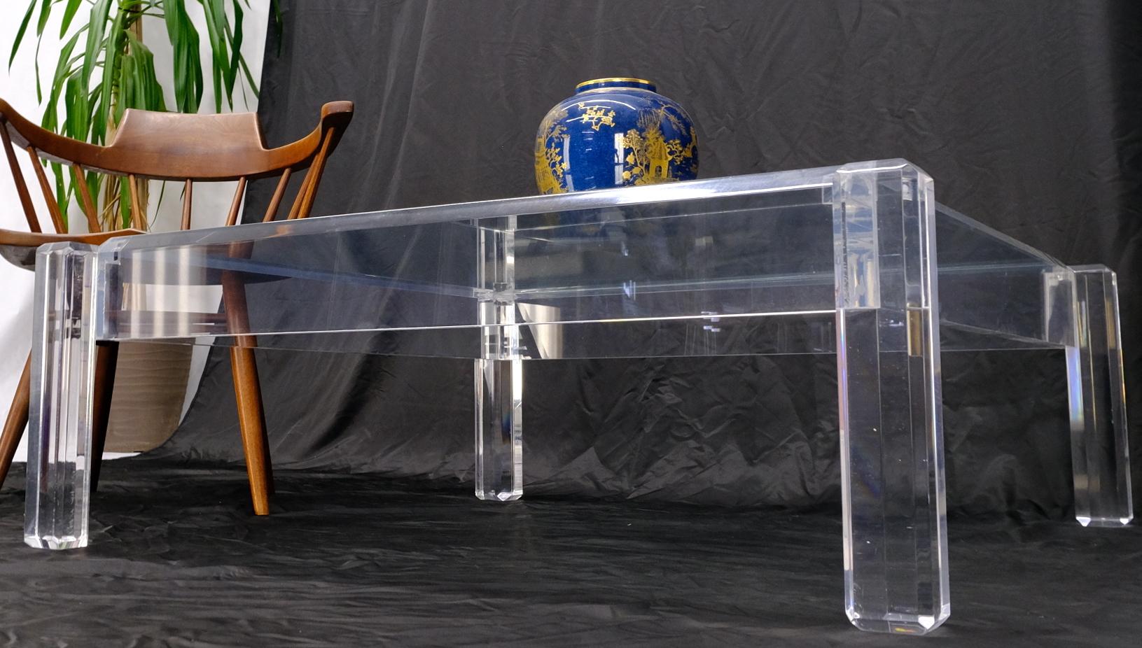 EstablishedLines Mid Century Modern Thick Polished Lucite Base Glass Top Square Coffee Table