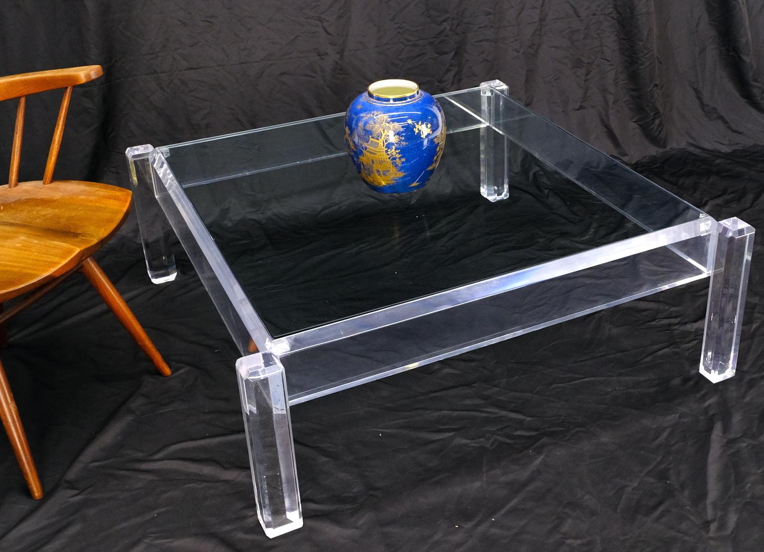 EstablishedLines Mid Century Modern Thick Polished Lucite Base Glass Top Square Coffee Table