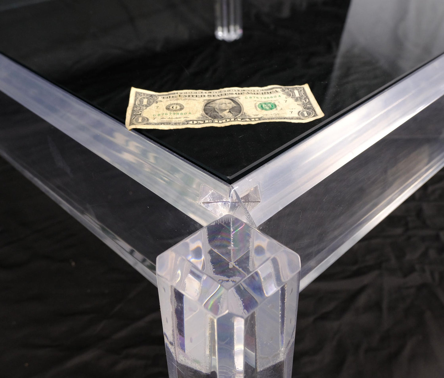EstablishedLines Mid Century Modern Thick Polished Lucite Base Glass Top Square Coffee Table