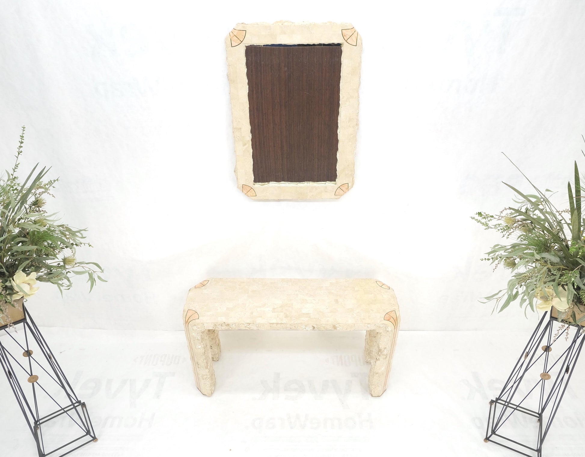 EstablishedLines Tesselated Stone Marble Brass Inlaid Console Sofa Entry Hall  Table w/ Mirror
