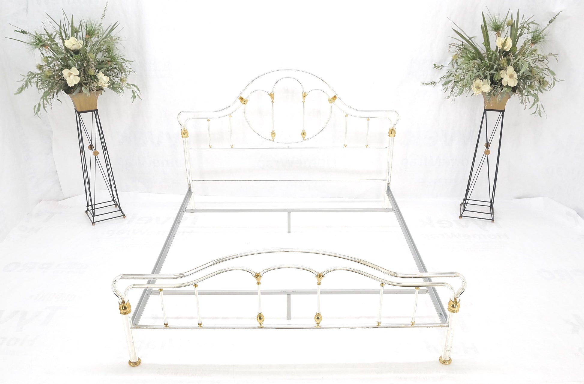 EstablishedLines Brass & Silver Plated King Size Hollywood Regency Bed Frame Rails Mid Century