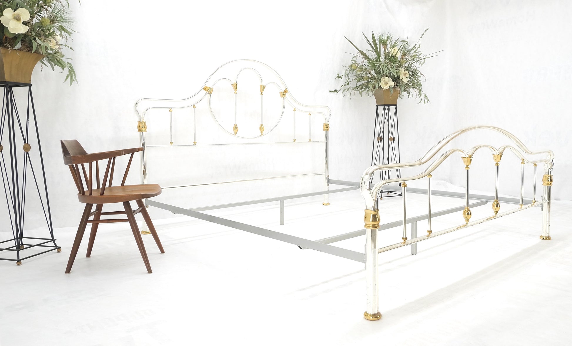EstablishedLines Brass & Silver Plated King Size Hollywood Regency Bed Frame Rails Mid Century