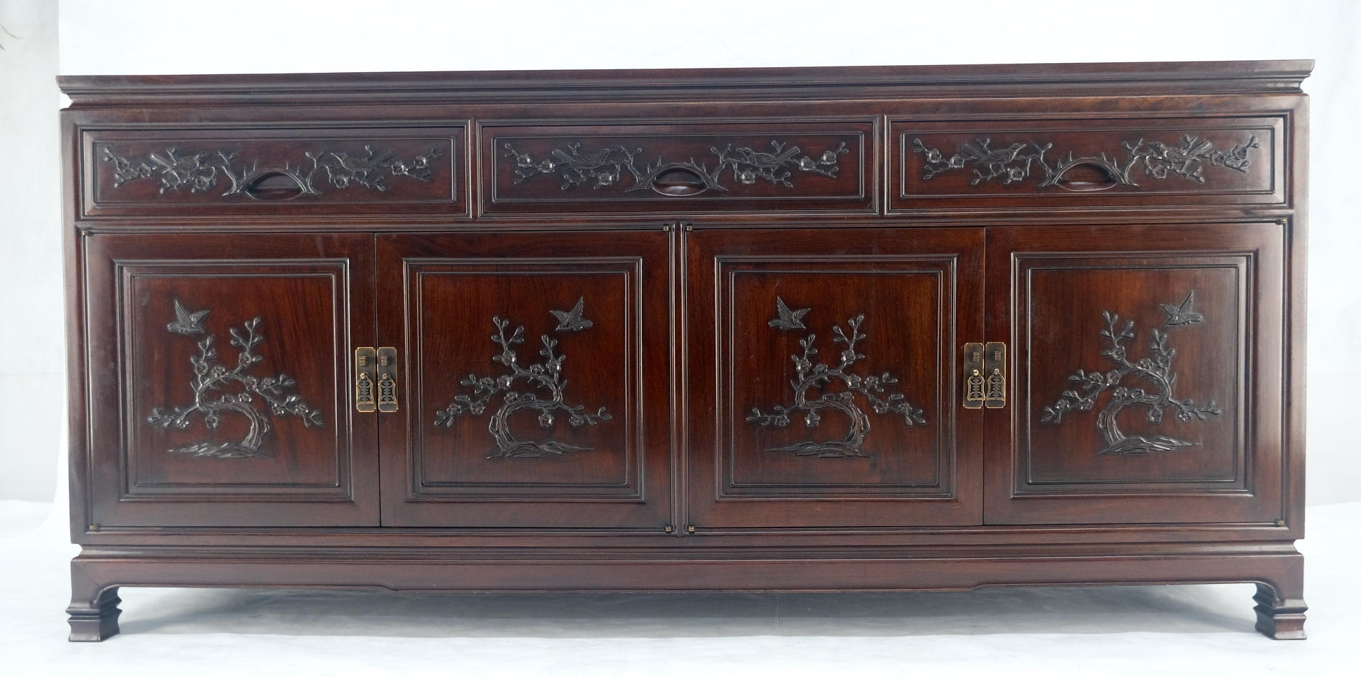 EstablishedLines Asian Mid Century Modern Carved 4 Doors 3 Drawers Credenza Dark Solid Teak MINT