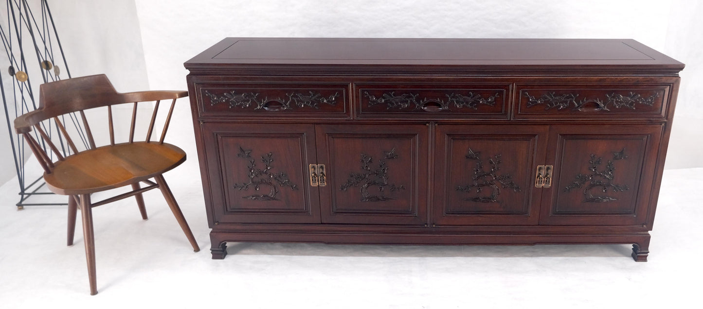 EstablishedLines Asian Mid Century Modern Carved 4 Doors 3 Drawers Credenza Dark Solid Teak MINT