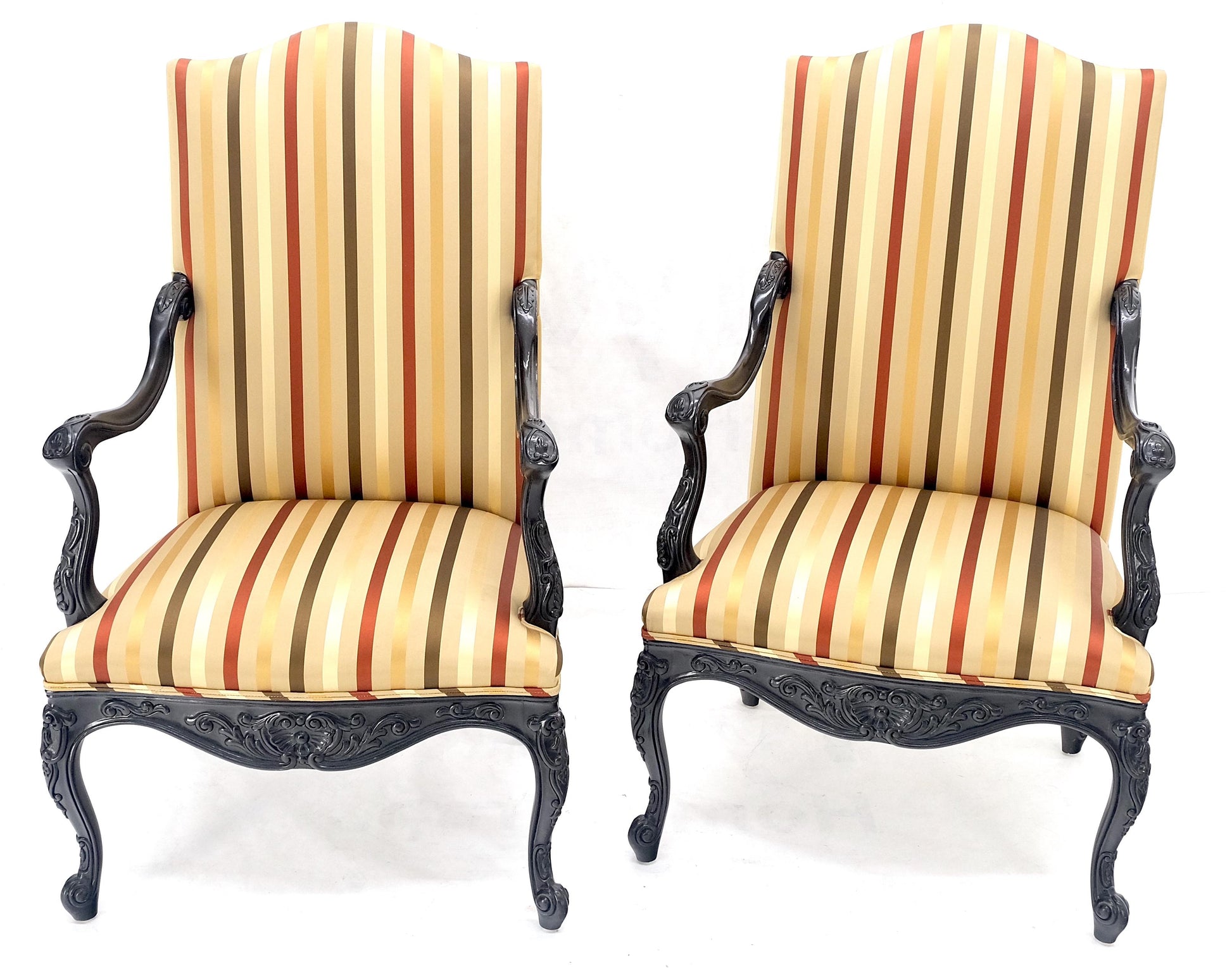 EstablishedLines Pair of Carved Mahogany Striped Silk Upholstery Fireside Arm Lounge Chairs MINT!