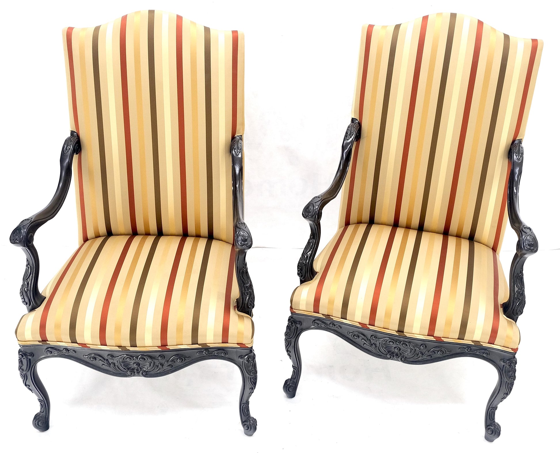 EstablishedLines Pair of Carved Mahogany Striped Silk Upholstery Fireside Arm Lounge Chairs MINT!
