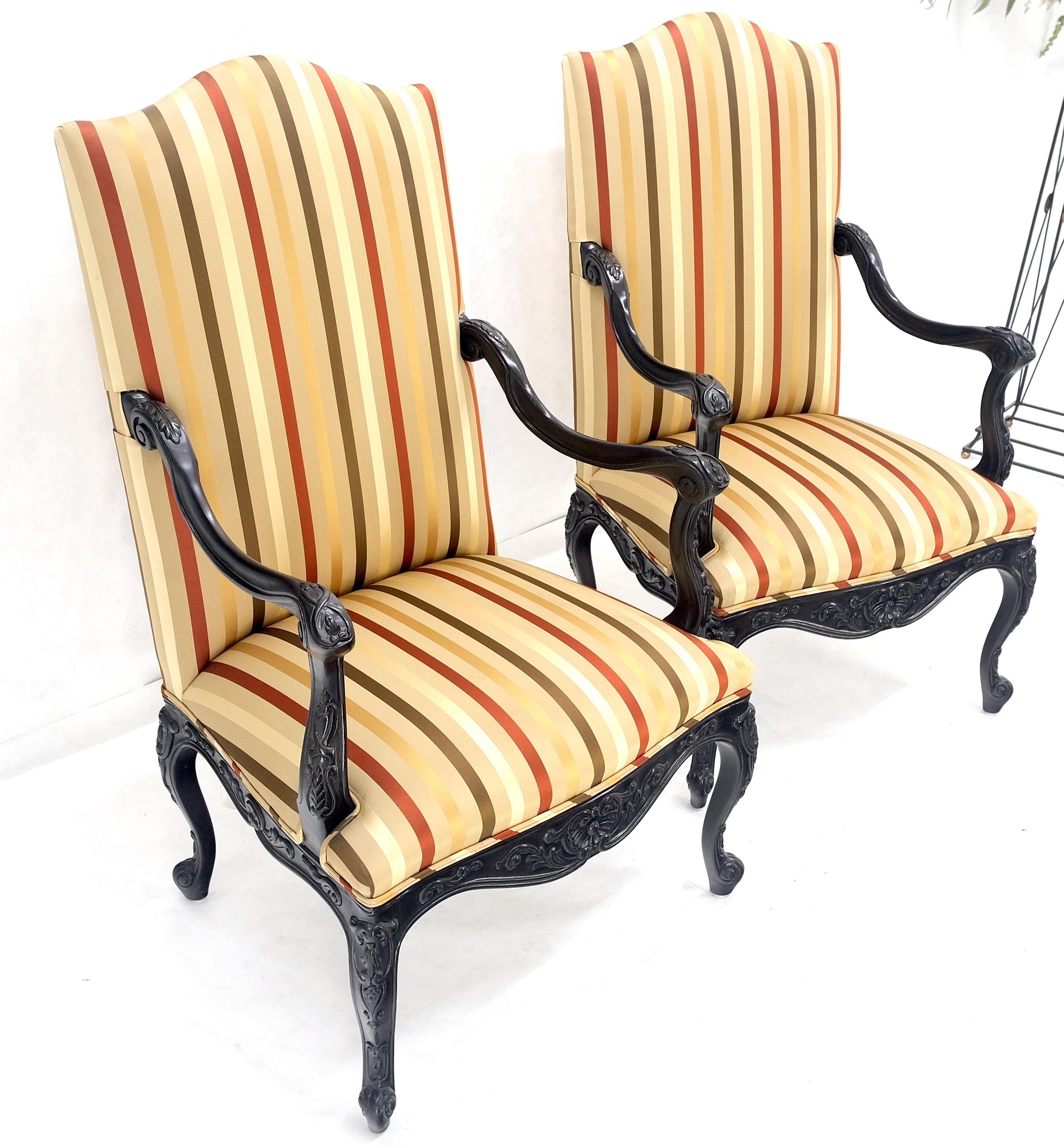 EstablishedLines Pair of Carved Mahogany Striped Silk Upholstery Fireside Arm Lounge Chairs MINT!