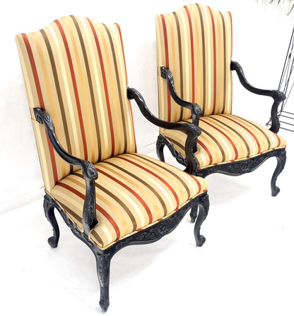 EstablishedLines Pair of Carved Mahogany Striped Silk Upholstery Fireside Arm Lounge Chairs MINT!