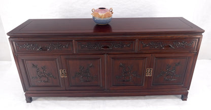 EstablishedLines Asian Mid Century Modern Carved 4 Doors 3 Drawers Credenza Dark Solid Teak MINT