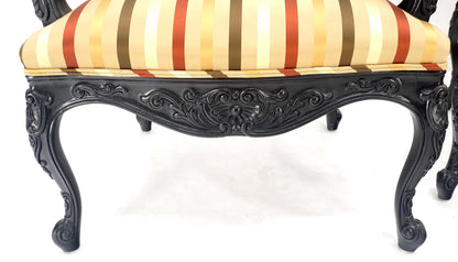 EstablishedLines Pair of Carved Mahogany Striped Silk Upholstery Fireside Arm Lounge Chairs MINT!