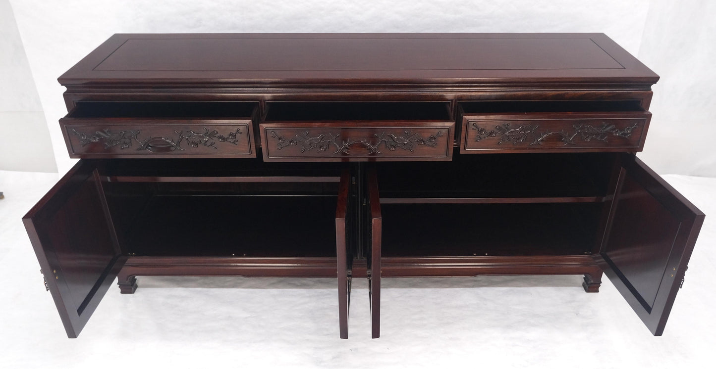 EstablishedLines Asian Mid Century Modern Carved 4 Doors 3 Drawers Credenza Dark Solid Teak MINT