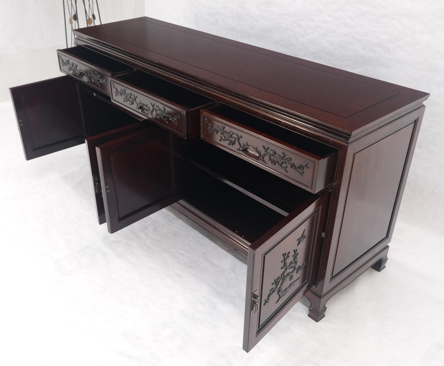 EstablishedLines Asian Mid Century Modern Carved 4 Doors 3 Drawers Credenza Dark Solid Teak MINT