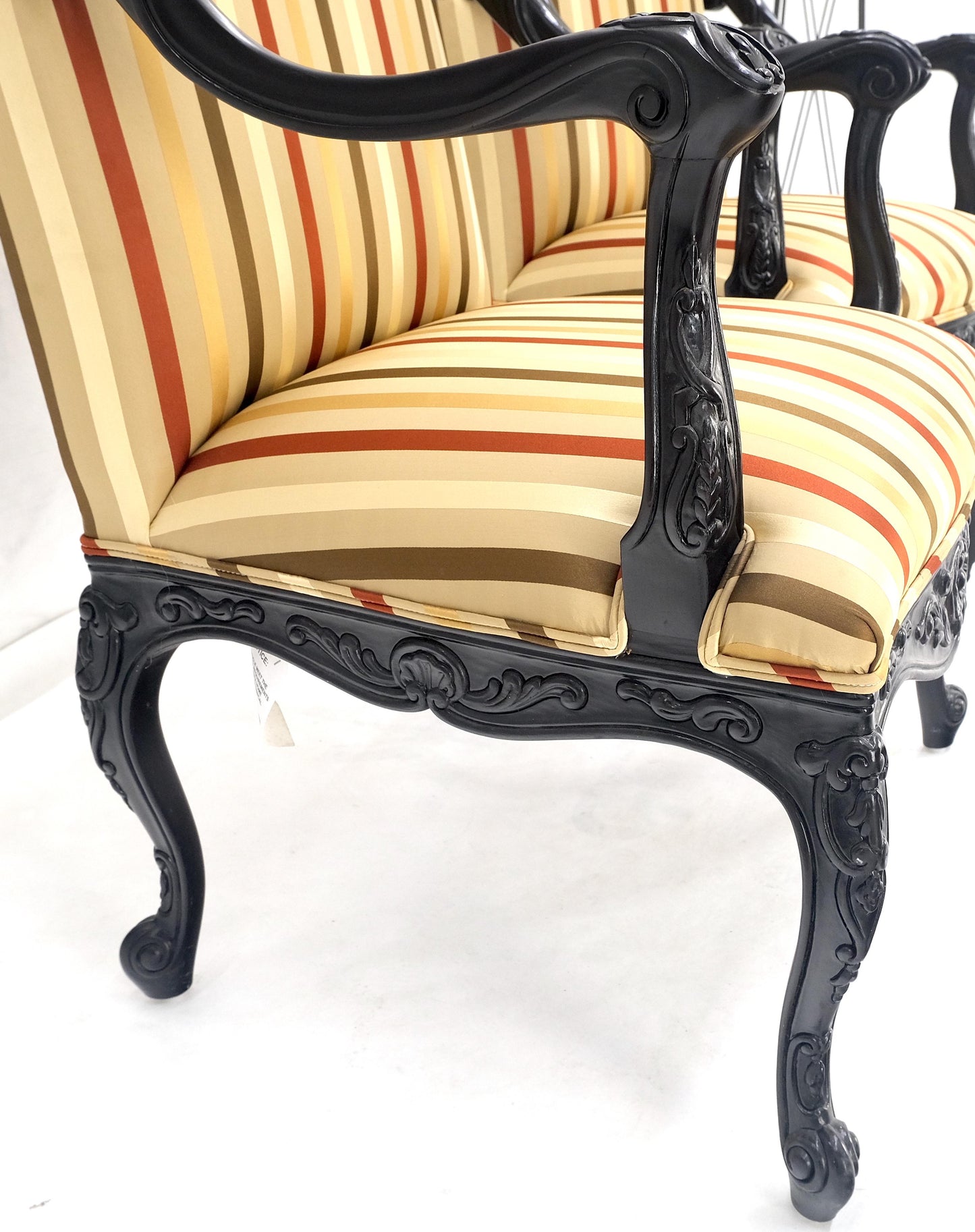 EstablishedLines Pair of Carved Mahogany Striped Silk Upholstery Fireside Arm Lounge Chairs MINT!