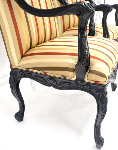 EstablishedLines Pair of Carved Mahogany Striped Silk Upholstery Fireside Arm Lounge Chairs MINT!