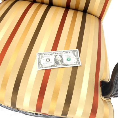 EstablishedLines Pair of Carved Mahogany Striped Silk Upholstery Fireside Arm Lounge Chairs MINT!