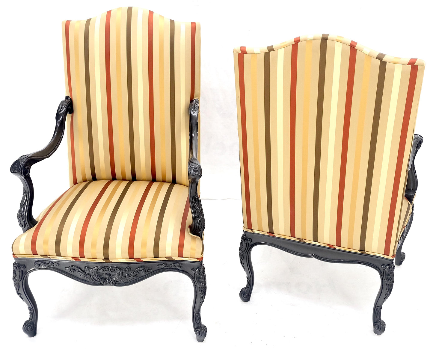 EstablishedLines Pair of Carved Mahogany Striped Silk Upholstery Fireside Arm Lounge Chairs MINT!