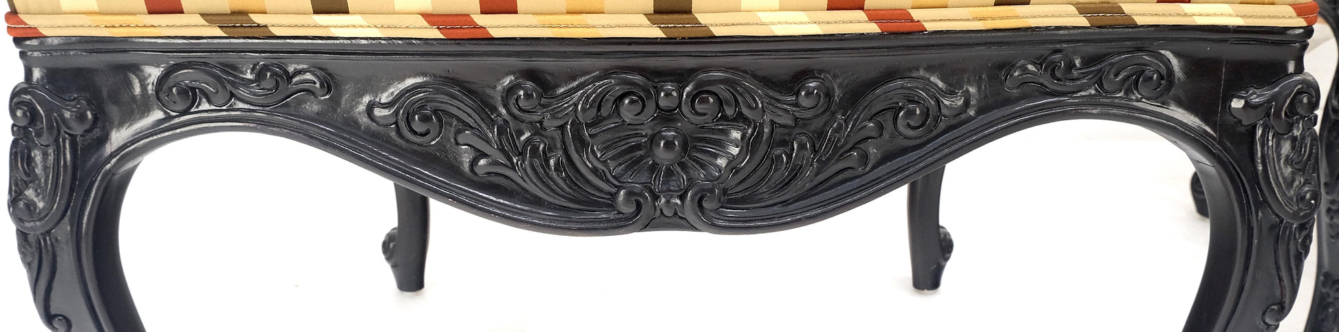 EstablishedLines Pair of Carved Mahogany Striped Silk Upholstery Fireside Arm Lounge Chairs MINT!