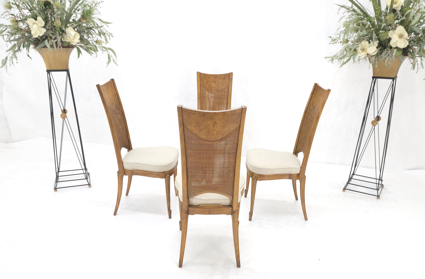 EstablishedLines Set 4 Burl Wood Cane Back NEW Upholstery Dining Chairs Mid Century Modern MINT!