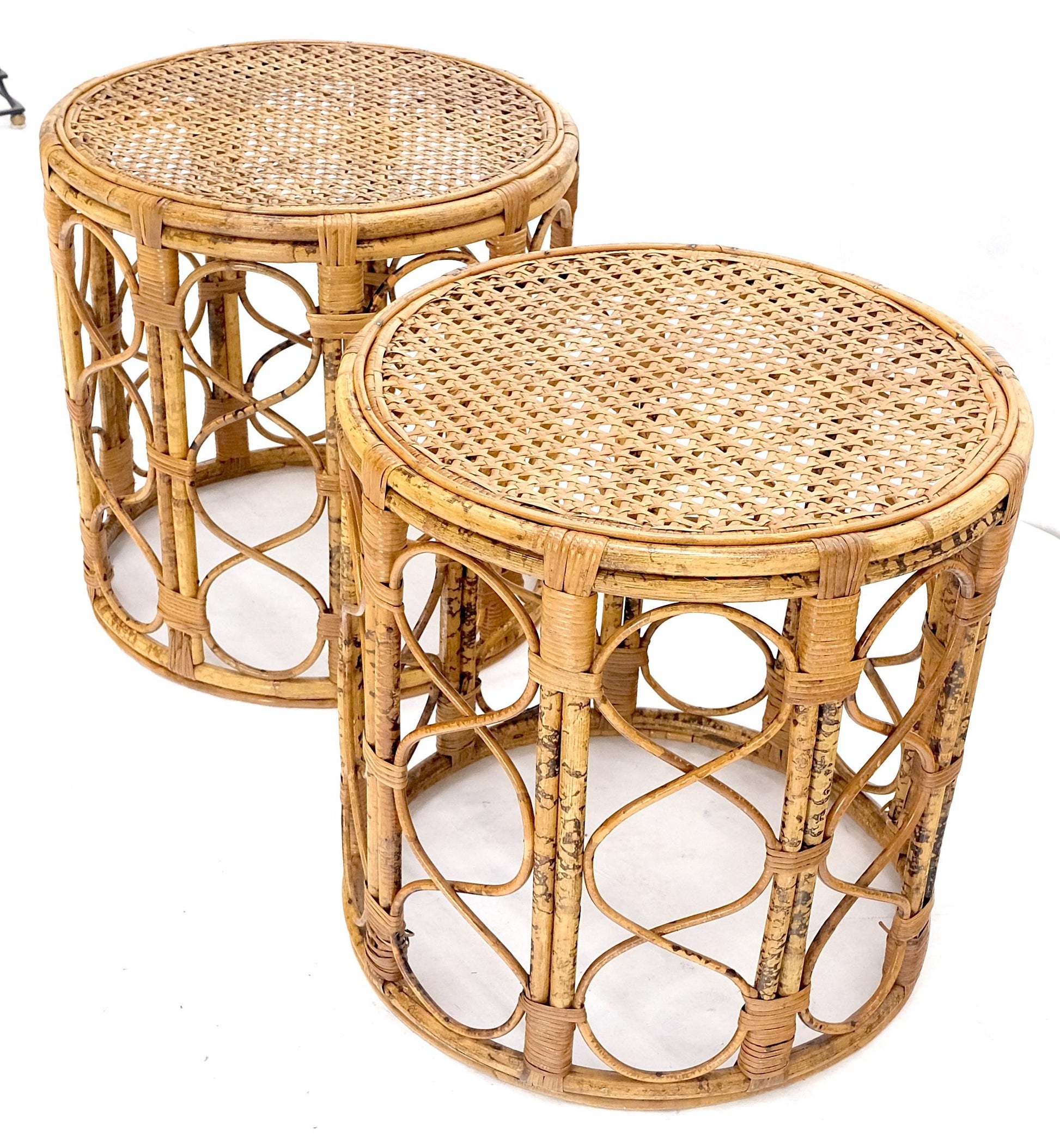 EstablishedLines Pair of 1970s Burnt Bamboo Round Cane Tops Side End Tables Stands MINT!