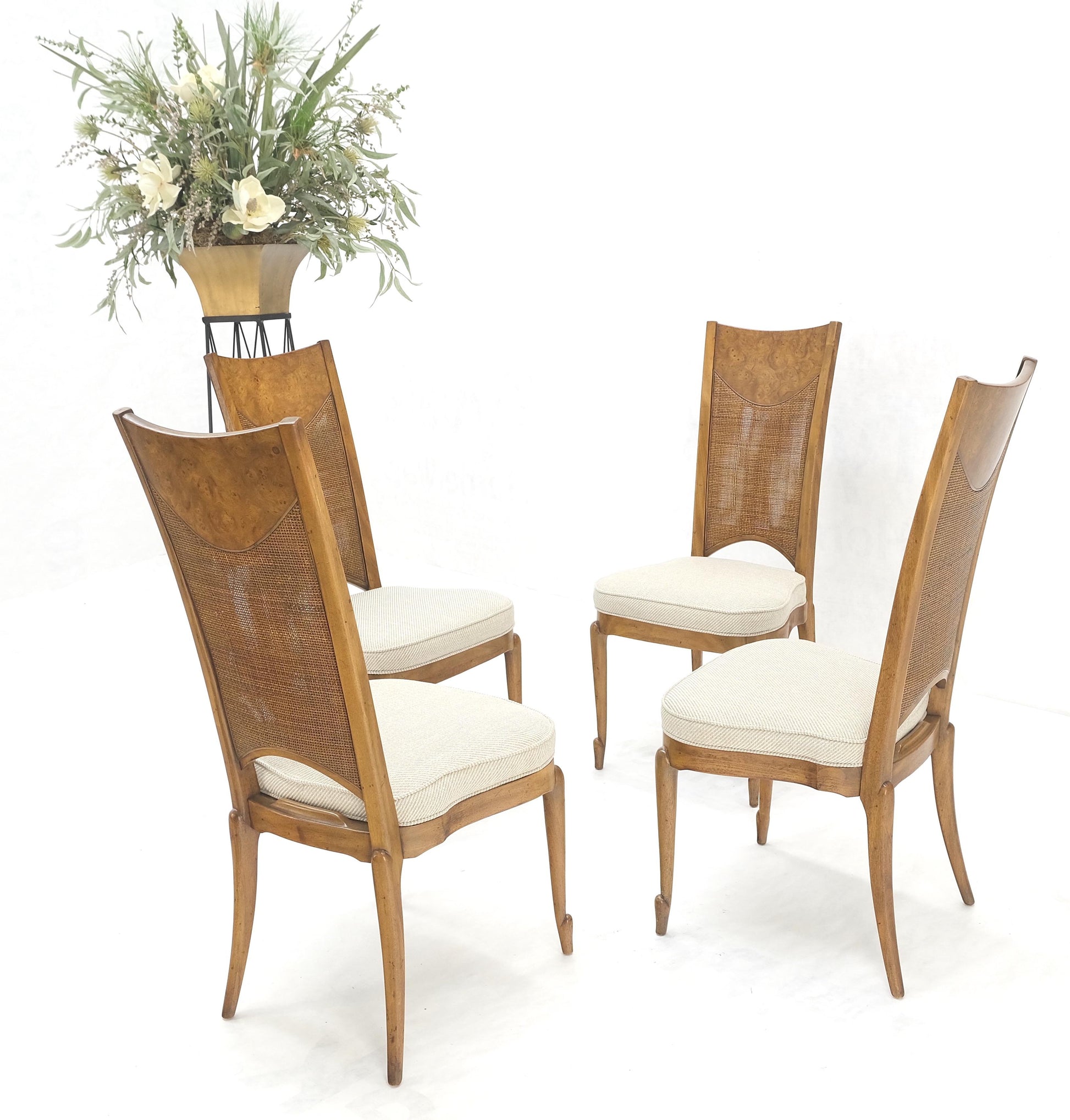 EstablishedLines Set 4 Burl Wood Cane Back NEW Upholstery Dining Chairs Mid Century Modern MINT!