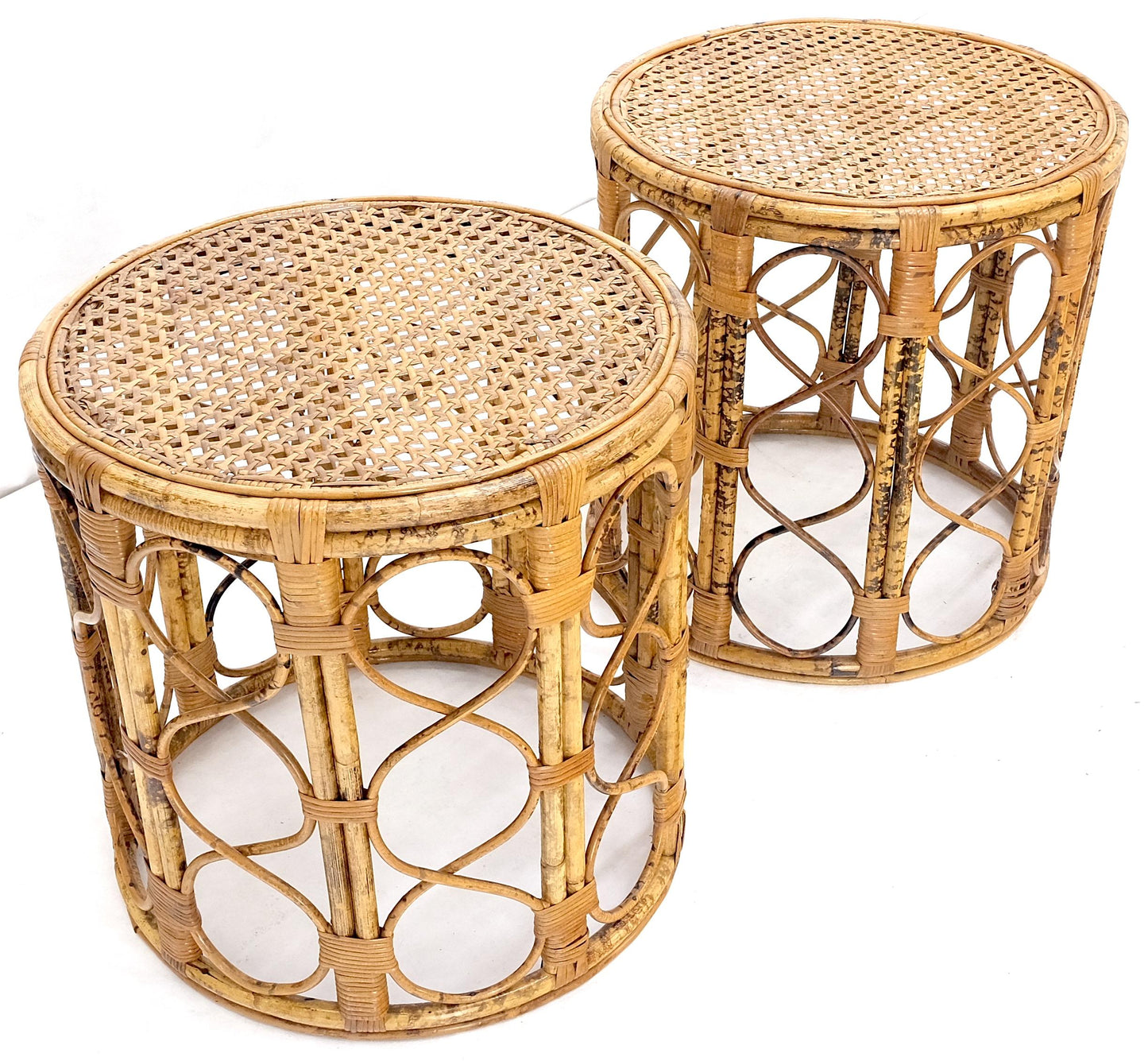 EstablishedLines Pair of 1970s Burnt Bamboo Round Cane Tops Side End Tables Stands MINT!