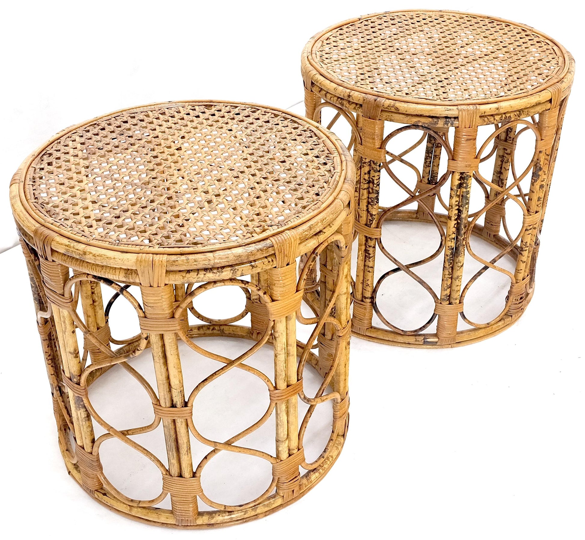 EstablishedLines Pair of 1970s Burnt Bamboo Round Cane Tops Side End Tables Stands MINT!