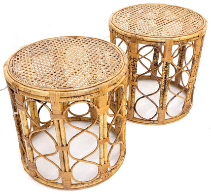 EstablishedLines Pair of 1970s Burnt Bamboo Round Cane Tops Side End Tables Stands MINT!