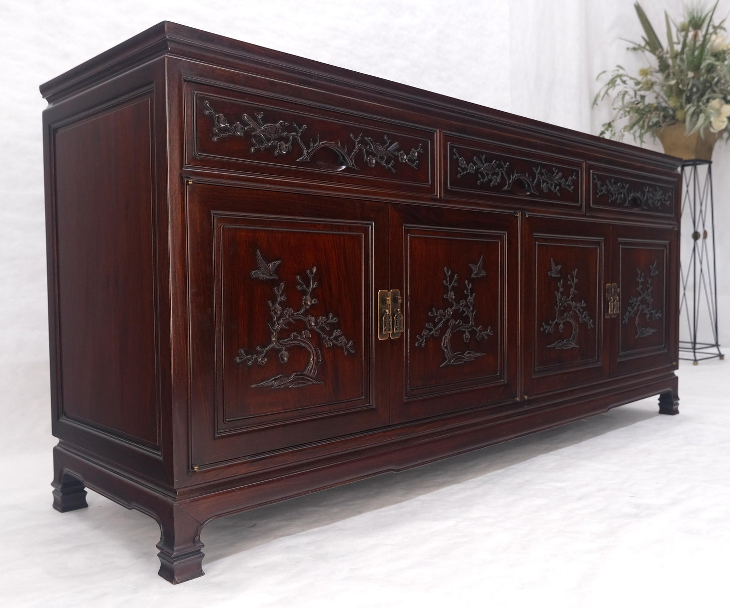 EstablishedLines Asian Mid Century Modern Carved 4 Doors 3 Drawers Credenza Dark Solid Teak MINT