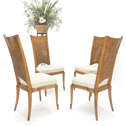 EstablishedLines Set 4 Burl Wood Cane Back NEW Upholstery Dining Chairs Mid Century Modern MINT!