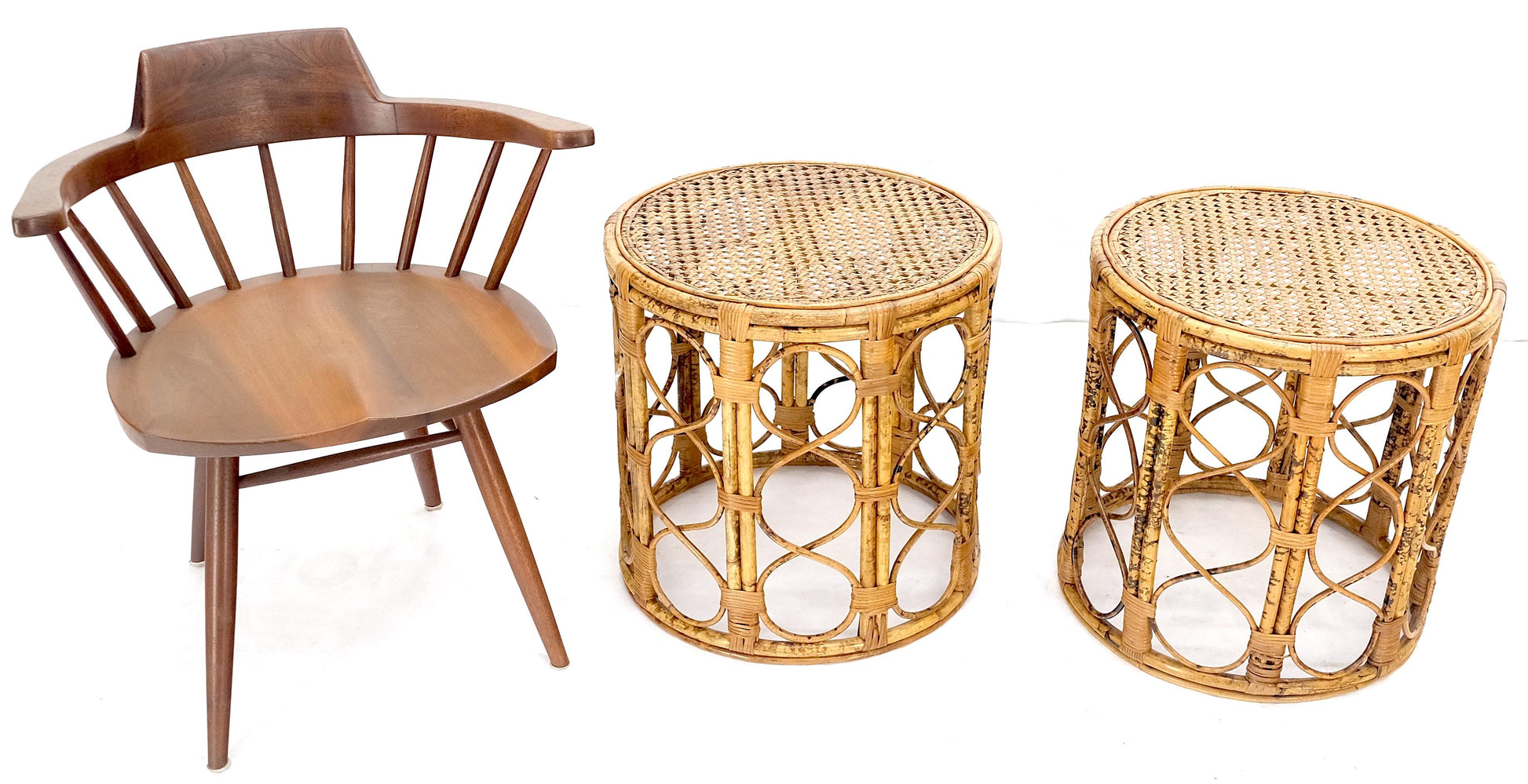 EstablishedLines Pair of 1970s Burnt Bamboo Round Cane Tops Side End Tables Stands MINT!