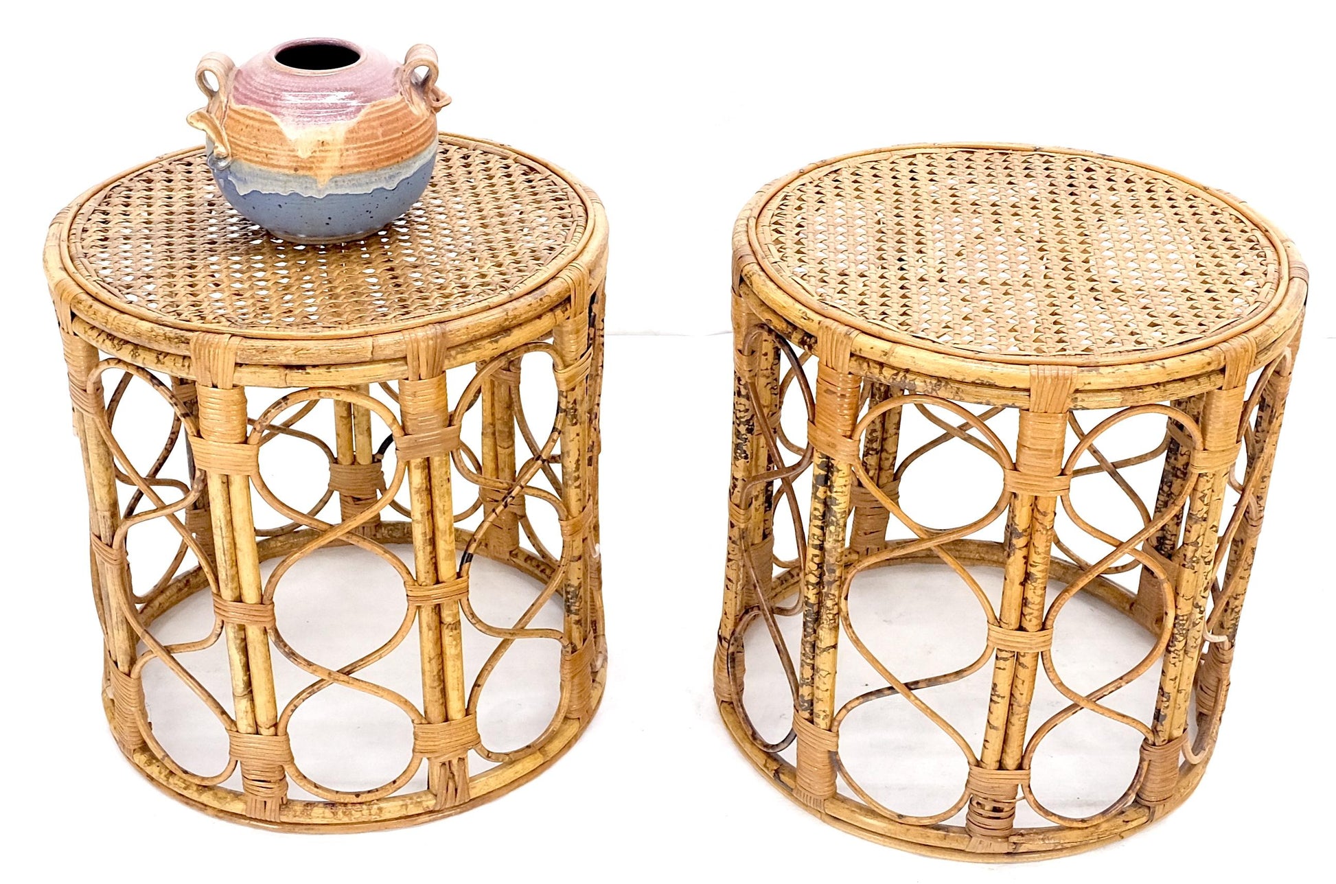 EstablishedLines Pair of 1970s Burnt Bamboo Round Cane Tops Side End Tables Stands MINT!