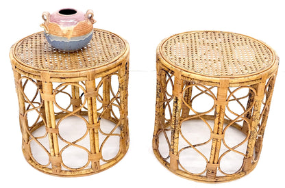 EstablishedLines Pair of 1970s Burnt Bamboo Round Cane Tops Side End Tables Stands MINT!