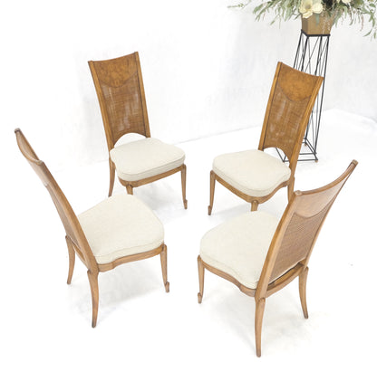 EstablishedLines Set 4 Burl Wood Cane Back NEW Upholstery Dining Chairs Mid Century Modern MINT!