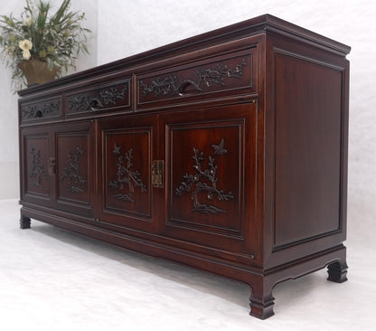 EstablishedLines Asian Mid Century Modern Carved 4 Doors 3 Drawers Credenza Dark Solid Teak MINT
