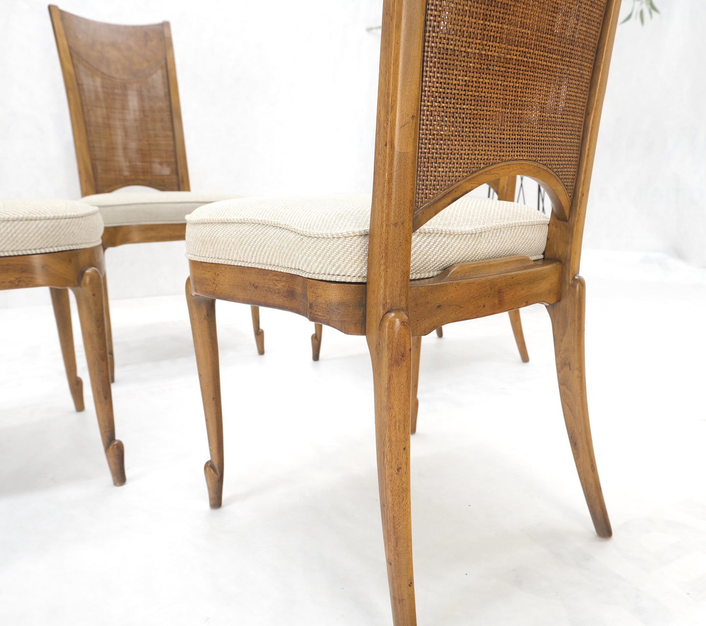 EstablishedLines Set 4 Burl Wood Cane Back NEW Upholstery Dining Chairs Mid Century Modern MINT!