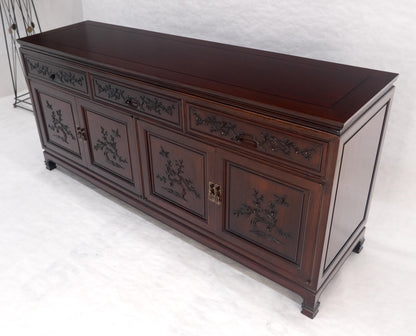 EstablishedLines Asian Mid Century Modern Carved 4 Doors 3 Drawers Credenza Dark Solid Teak MINT