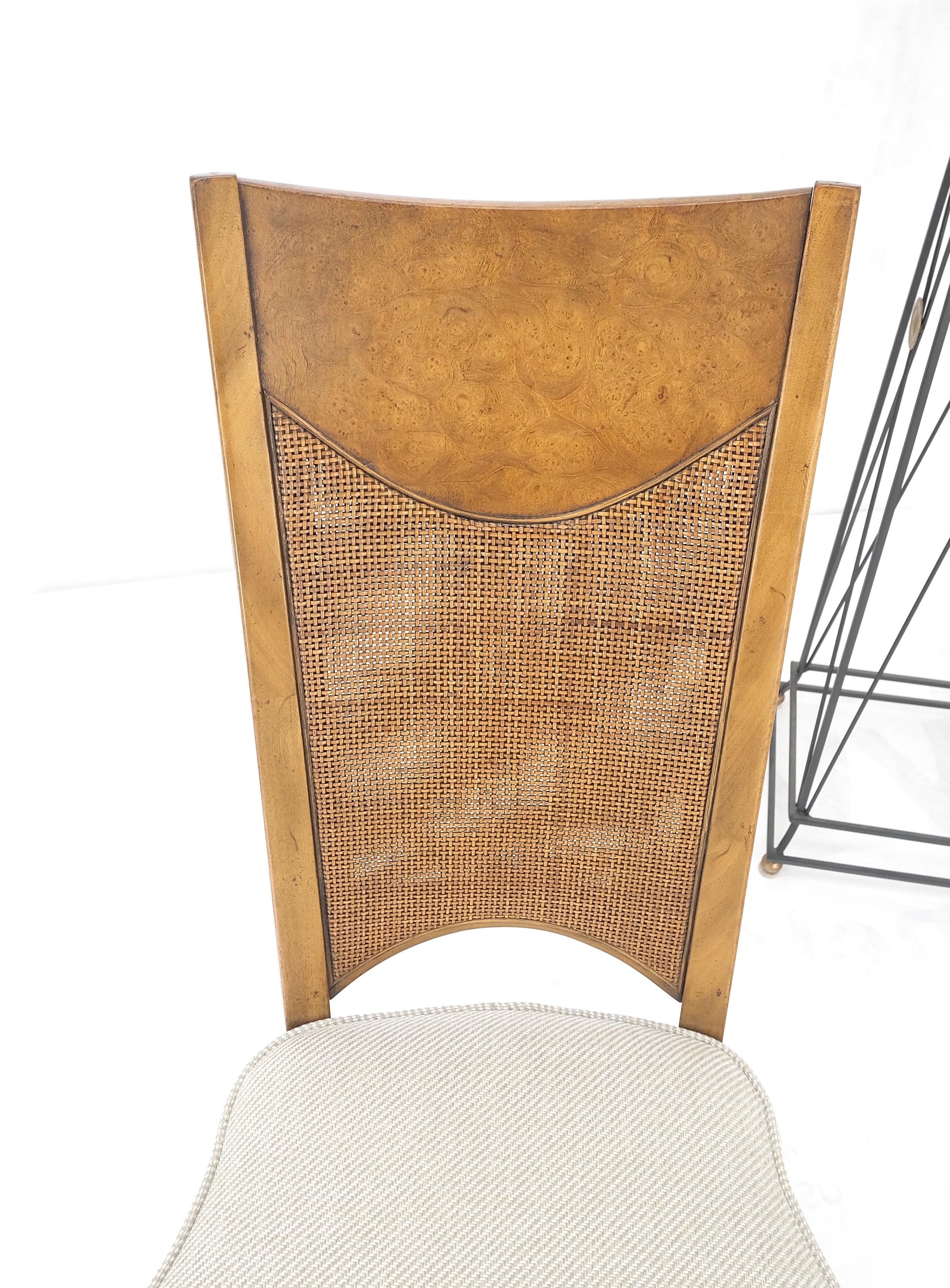 EstablishedLines Set 4 Burl Wood Cane Back NEW Upholstery Dining Chairs Mid Century Modern MINT!