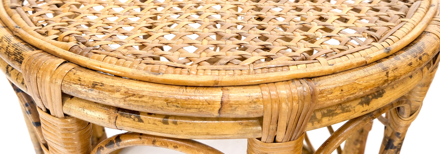 EstablishedLines Pair of 1970s Burnt Bamboo Round Cane Tops Side End Tables Stands MINT!
