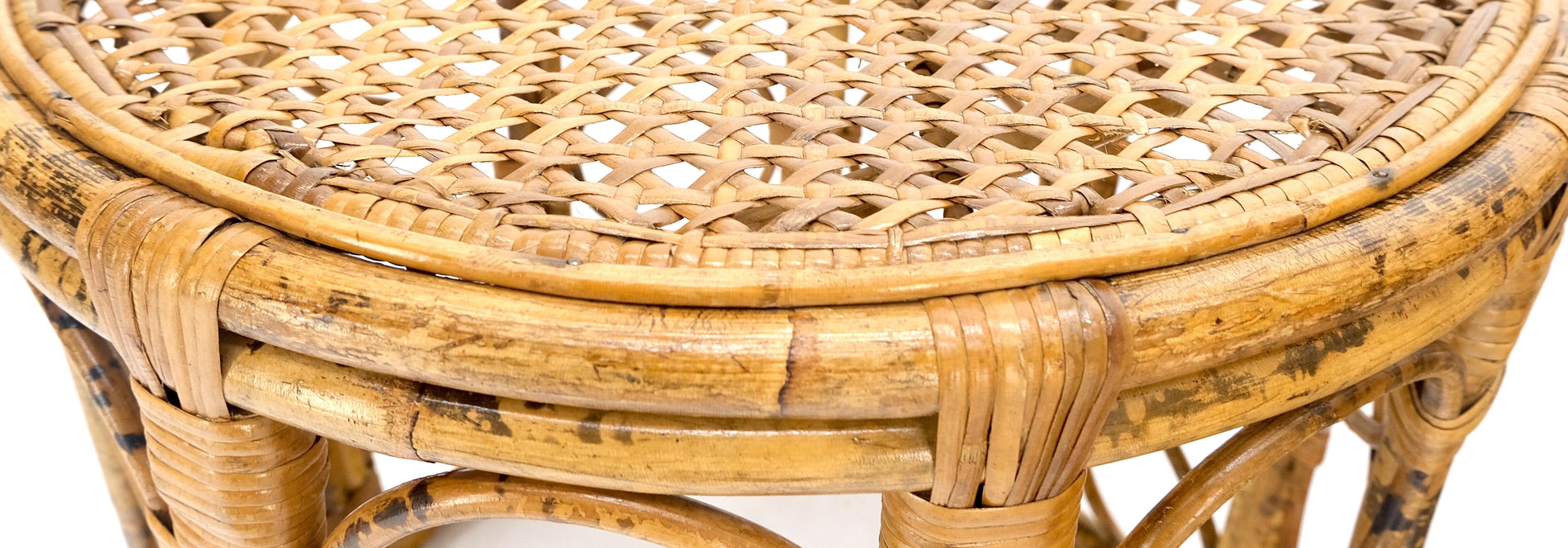 EstablishedLines Pair of 1970s Burnt Bamboo Round Cane Tops Side End Tables Stands MINT!