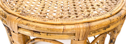 EstablishedLines Pair of 1970s Burnt Bamboo Round Cane Tops Side End Tables Stands MINT!