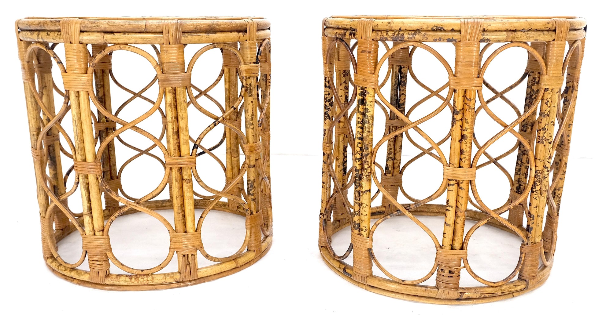 EstablishedLines Pair of 1970s Burnt Bamboo Round Cane Tops Side End Tables Stands MINT!