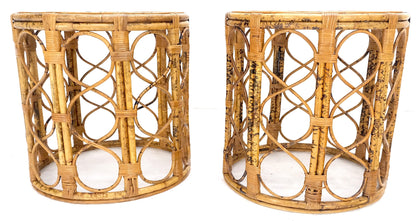 EstablishedLines Pair of 1970s Burnt Bamboo Round Cane Tops Side End Tables Stands MINT!