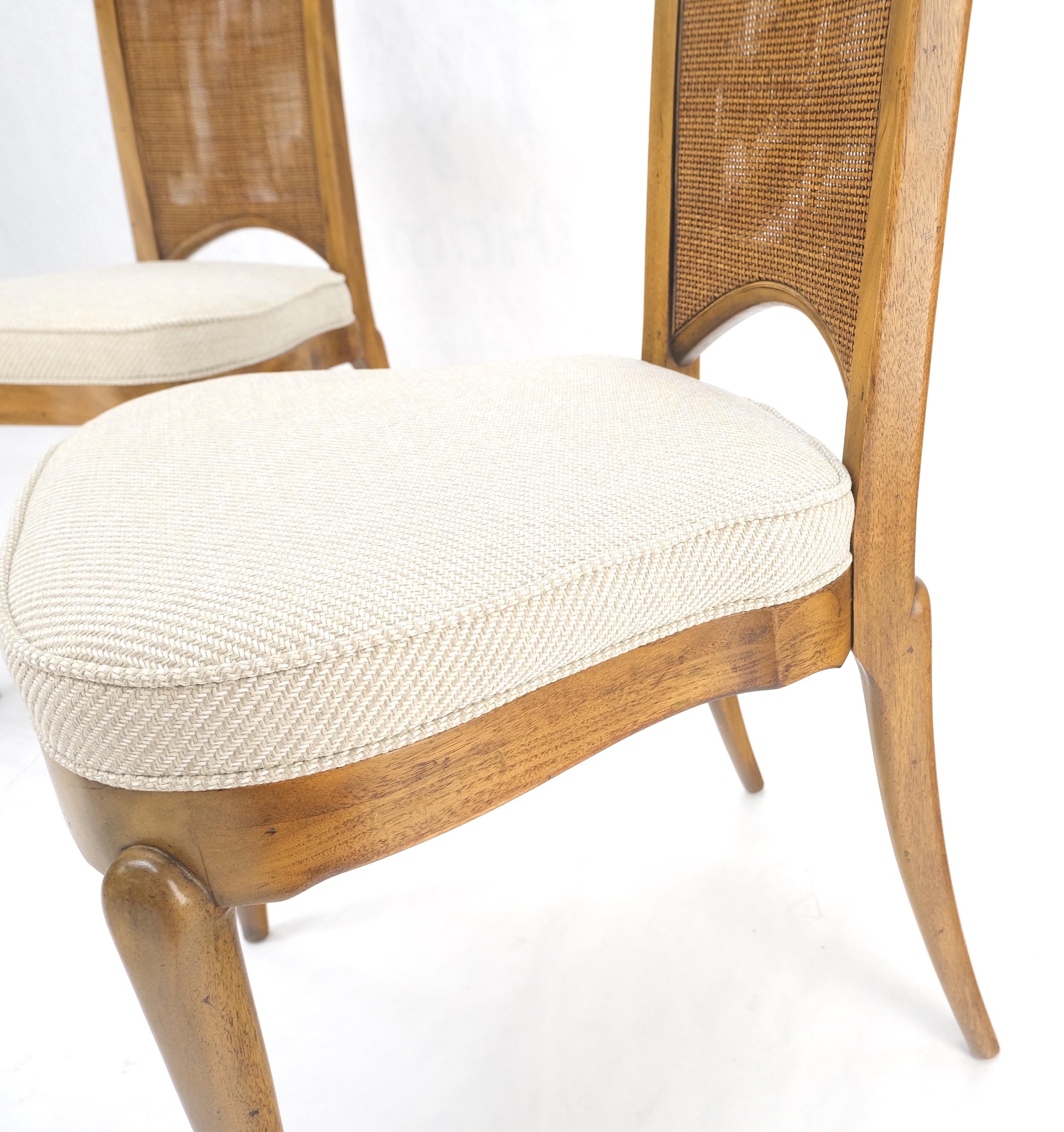 EstablishedLines Set 4 Burl Wood Cane Back NEW Upholstery Dining Chairs Mid Century Modern MINT!