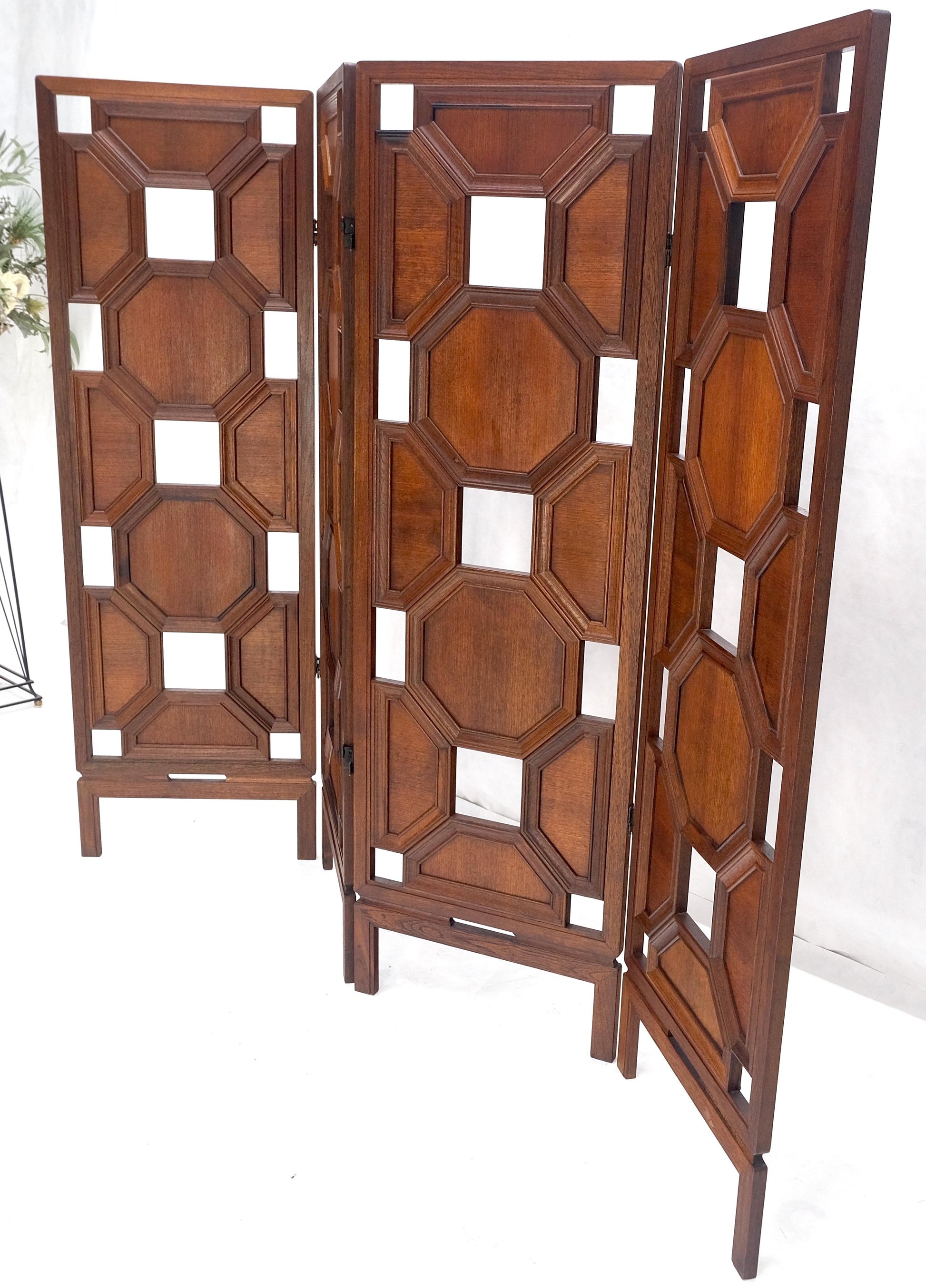 EstablishedLines 4 Panel Honey Comb Checker Board Style Carved Teak Screen Room Divider MINT!