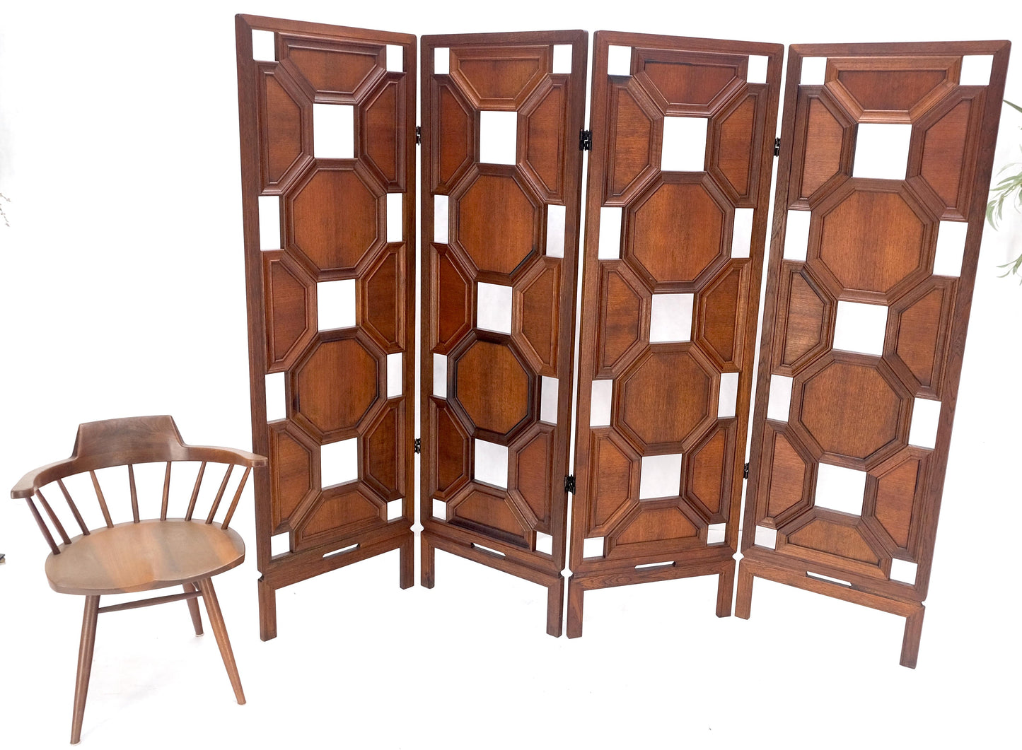4 Panel Honey Comb Checker Board Style Carved Teak Screen Room Divider MINT!