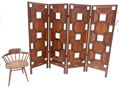 4 Panel Honey Comb Checker Board Style Carved Teak Screen Room Divider MINT!