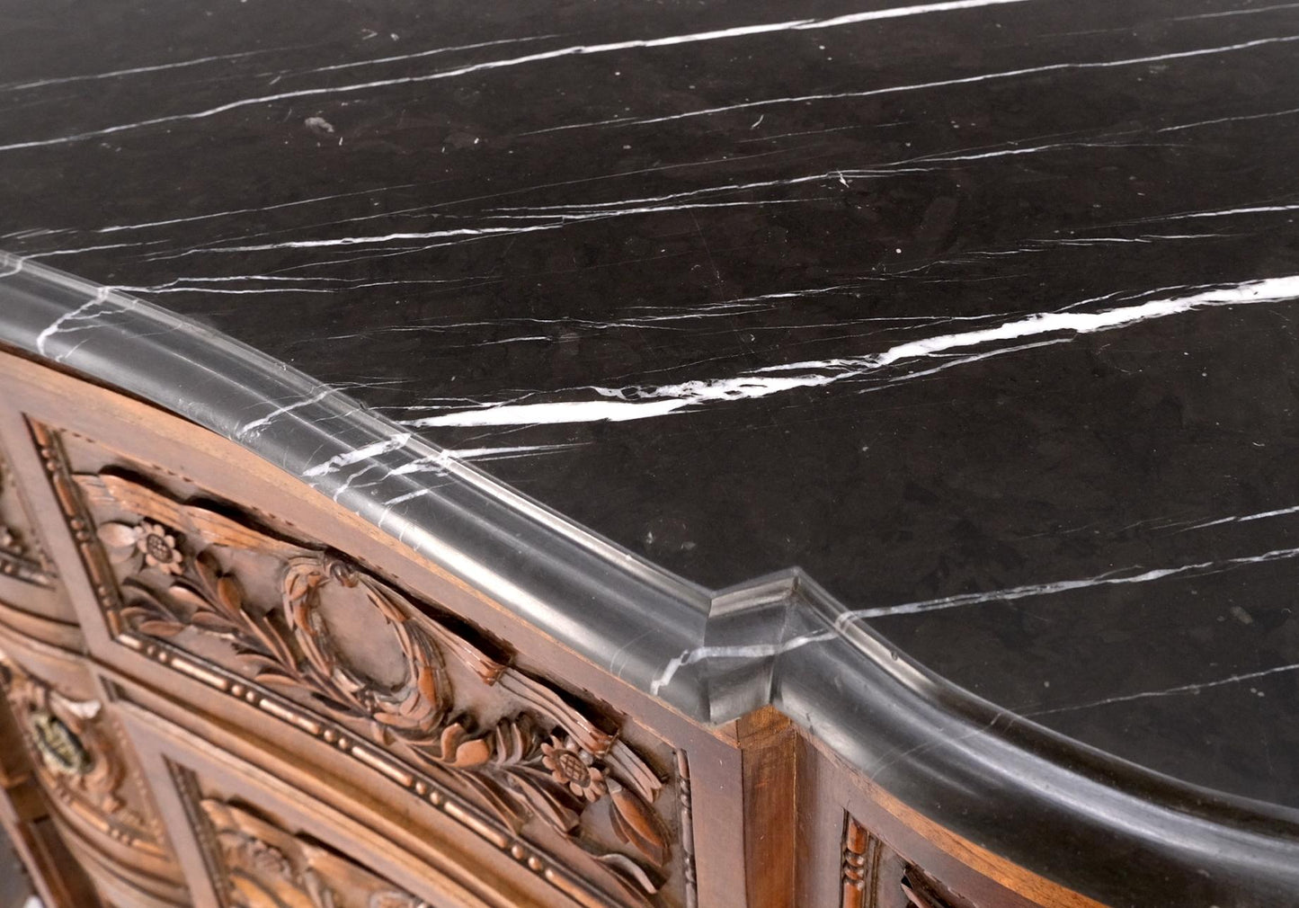 EstablishedLines Pair Antique Marble Top Finely Carved 3 Drawers Brass Pulls Bachelor Chests MINT