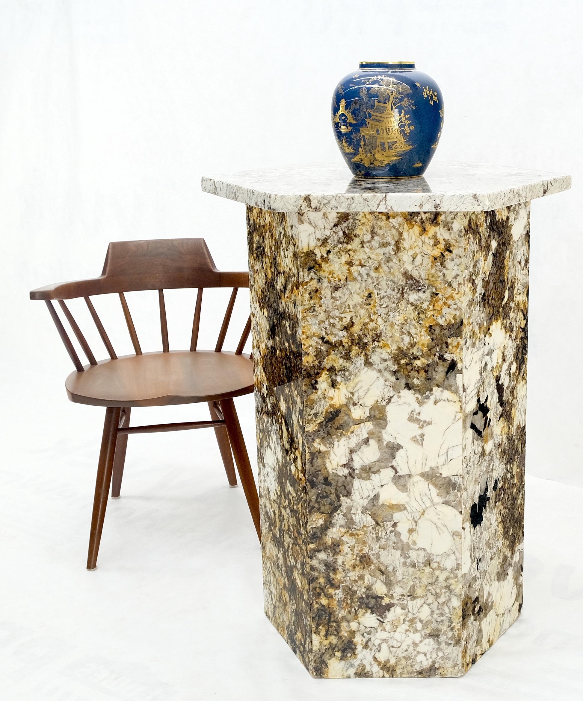 EstablishedLines Large Polished Marble Stone Hexagon Shape 38" Tall Pedestal MINT!