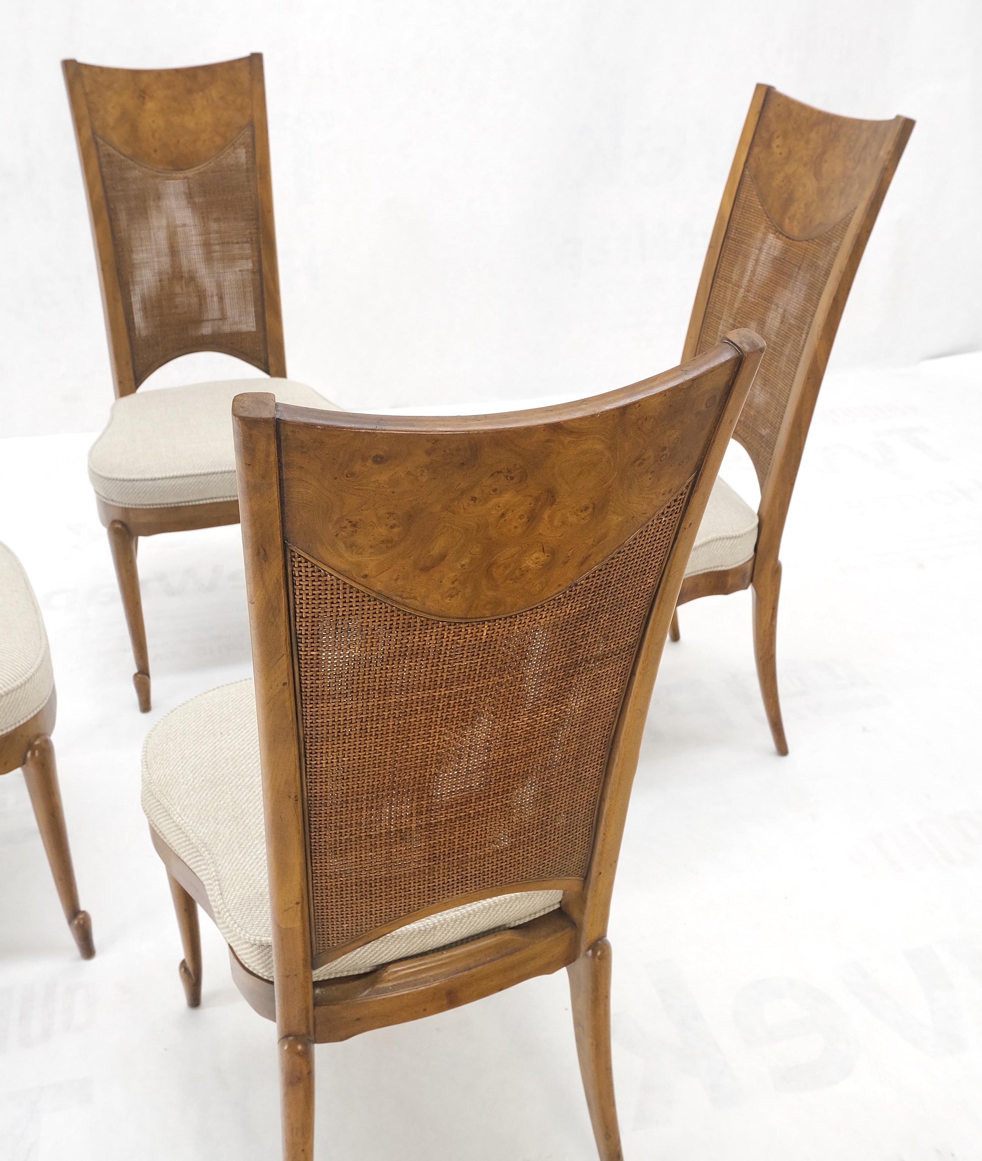 EstablishedLines Set 4 Burl Wood Cane Back NEW Upholstery Dining Chairs Mid Century Modern MINT!